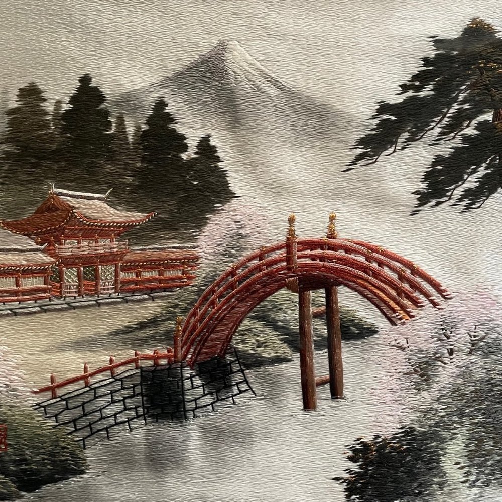 Vintage Japanese 20th Century Silk Embroidery of Mt Fuji
